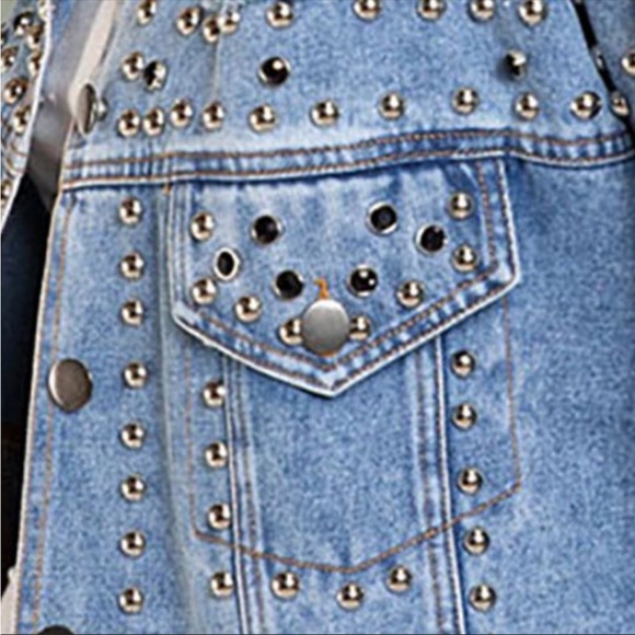 Beaded Pearls and Studs Oversized Distressed Denim Jean Jacket - Picture 8 of 13